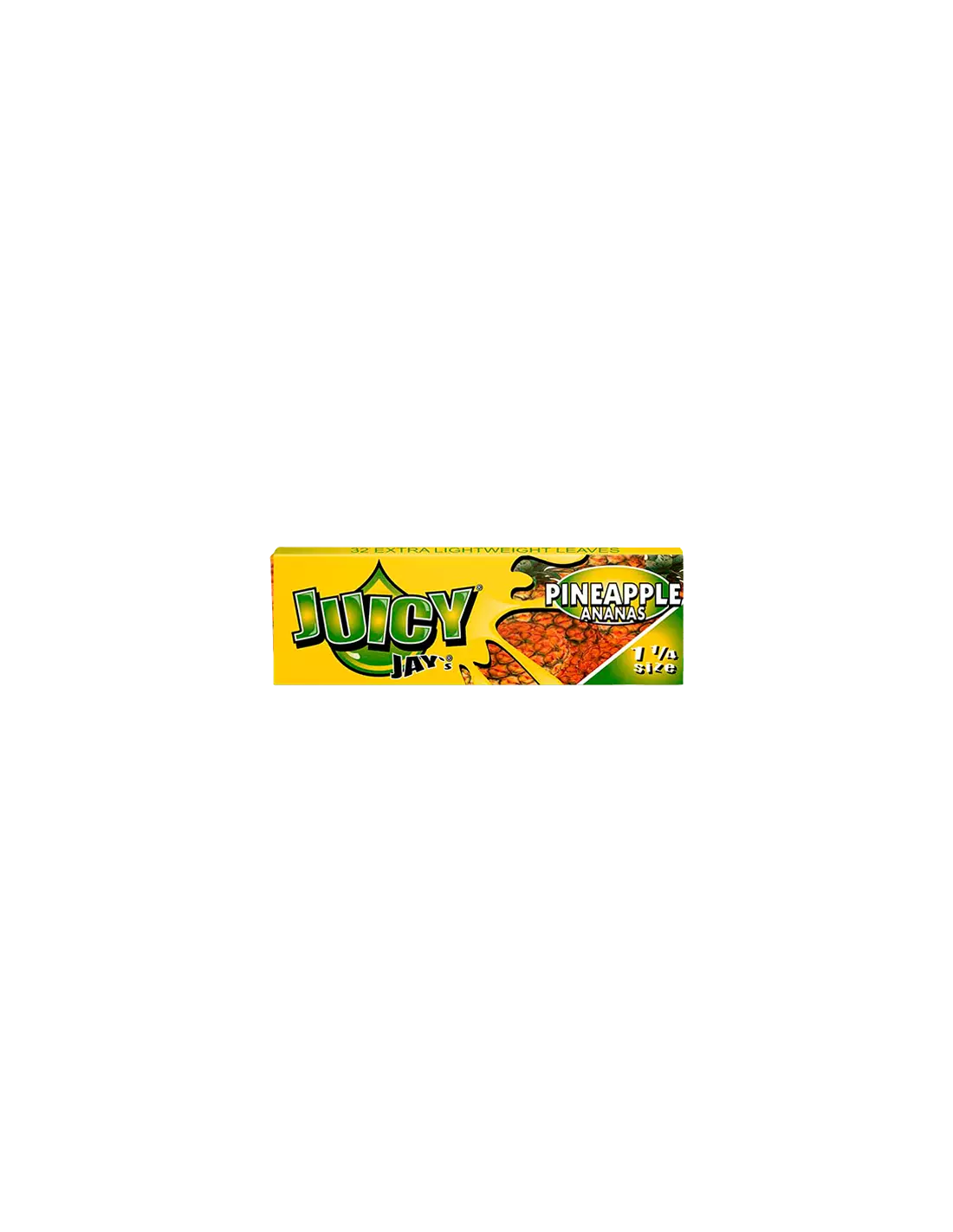 Juicy Jay's pineapple rolling papers for rolling cigarettes, featuring bright pineapple design and brand logo on the paper packaging.