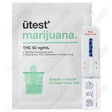 Utest THC single drug test kit showing a testing device with labeled result window and testing strip for drug detection.