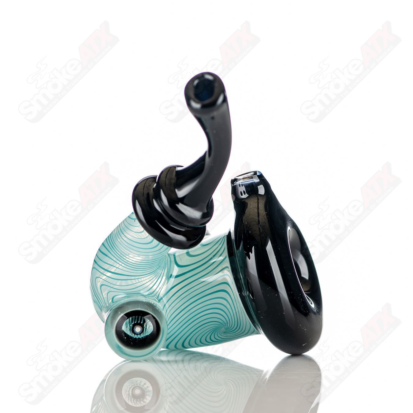 UV Aqua Linework Sherlock glass pipe by JMass, featuring vibrant blue line art design on a clear Sherlock-style heady glass piece.