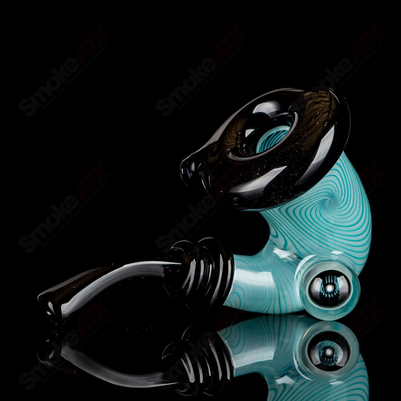 UV Aqua Linework Sherlock by JMass Heady Glass Sherlock pipe with vibrant blue and green linework design under UV light.