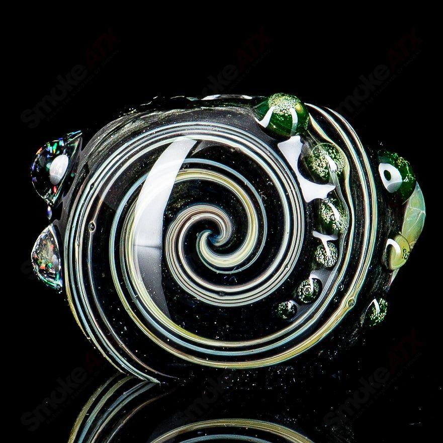 UV black hand pipe with crushed opal accents by JMass, designed for smooth smoking experiences in heady glass collection.