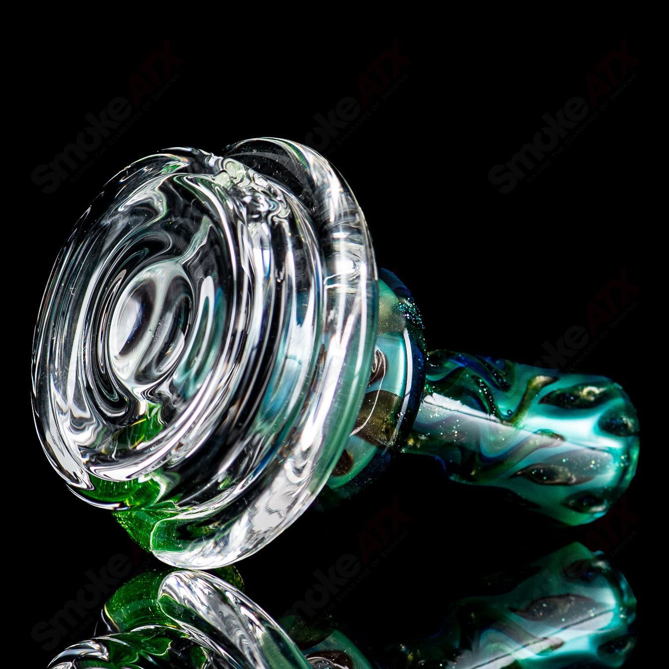 UV Chromium and Electrum Puffco dry top by Geoff Made Glass, featuring clear bottom and intricate heady glass design.