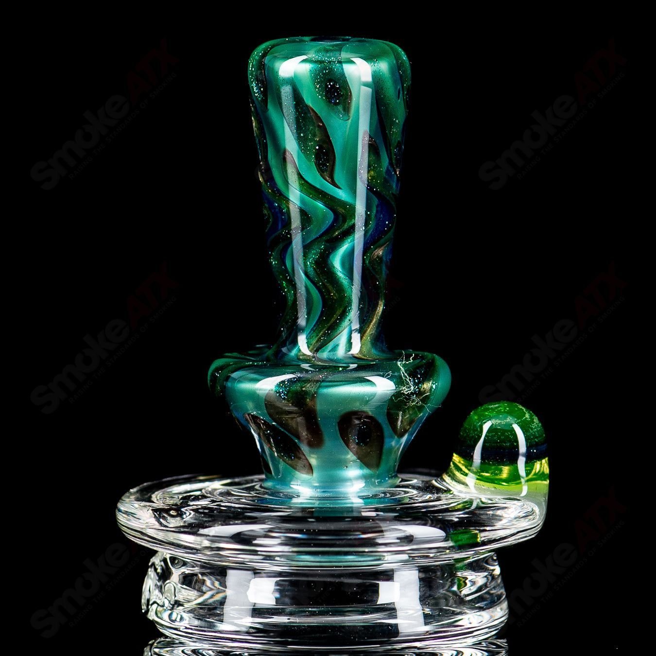 UV Chromium and Electrum Puffco dry top by Geoff Made Glass, featuring a clear bottom and intricate heady glass design.