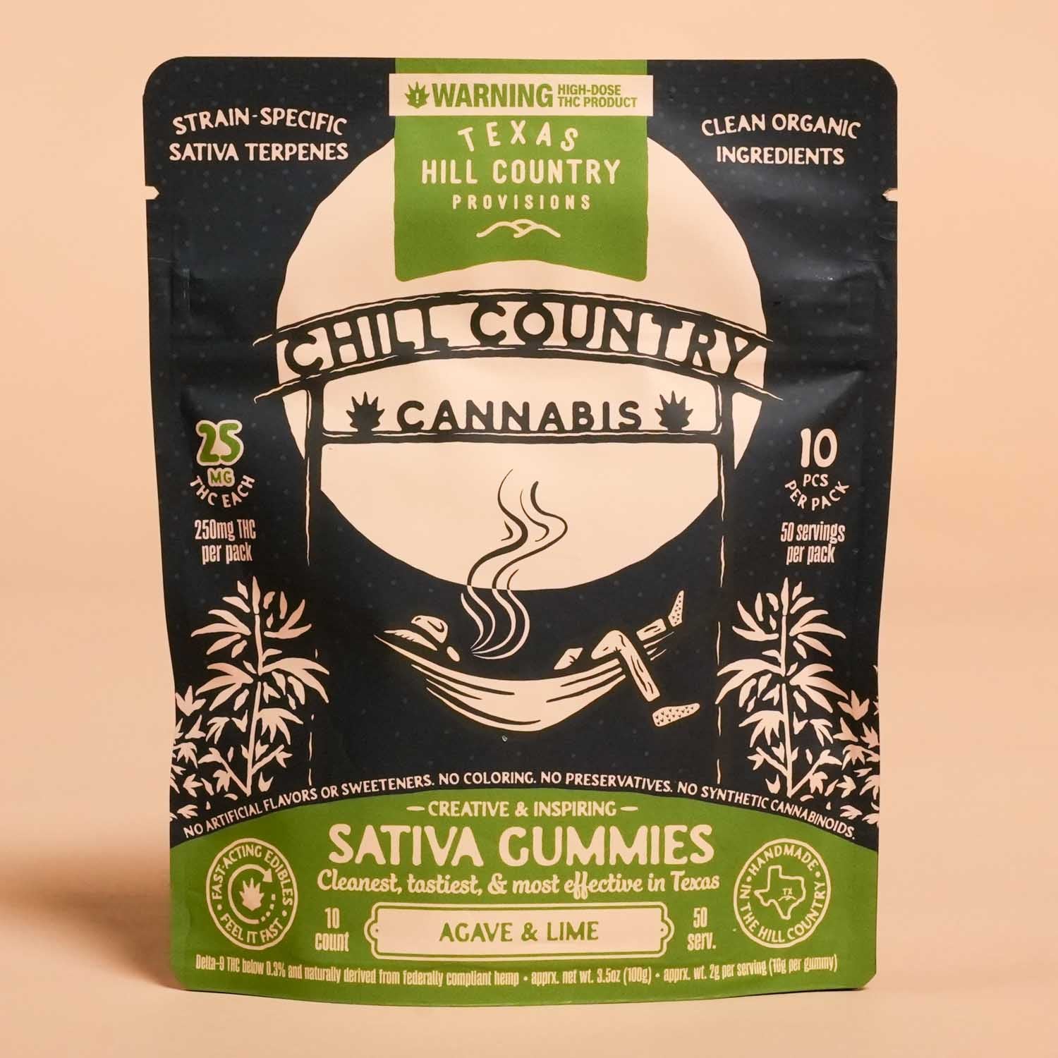 Agave & Lime Sativa Gummies by Chill Country, 25mg THC, 10ct package with vibrant green and yellow packaging.