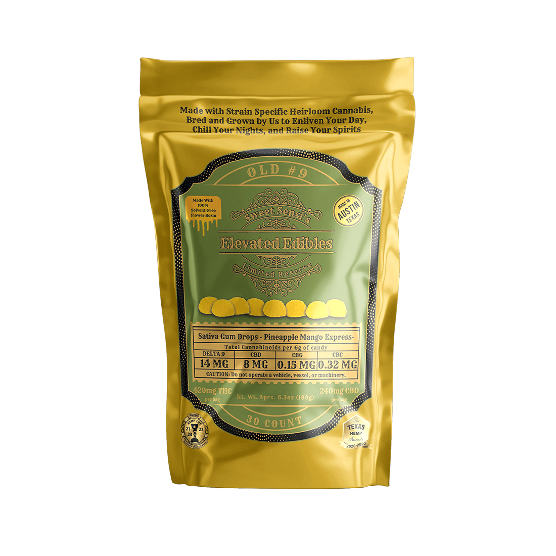 Sweet Sensi 420mg D9 THC sativa gummy drops in pineapple mango flavor, hemp edibles with no 9 elevated gummies.