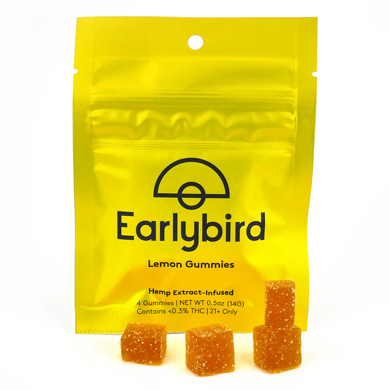 Early Bird Lemon 4-count hemp gummies in a clear container, showcasing bright yellow citrus-flavored edibles.