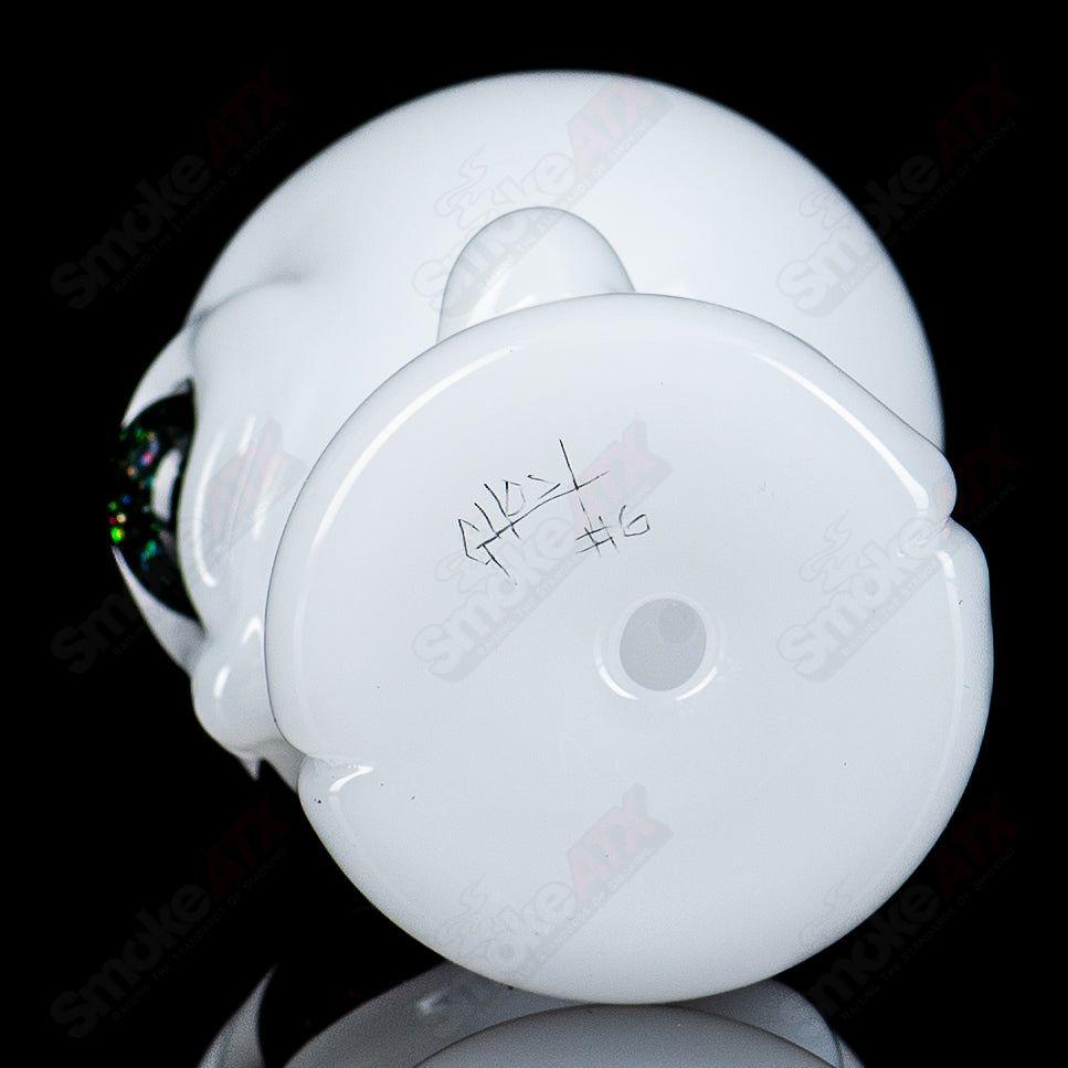 White Alien Hand Pipe with UV Crushed Opal Eyes, Ghost Glass heady glass hand pipe for smoking.