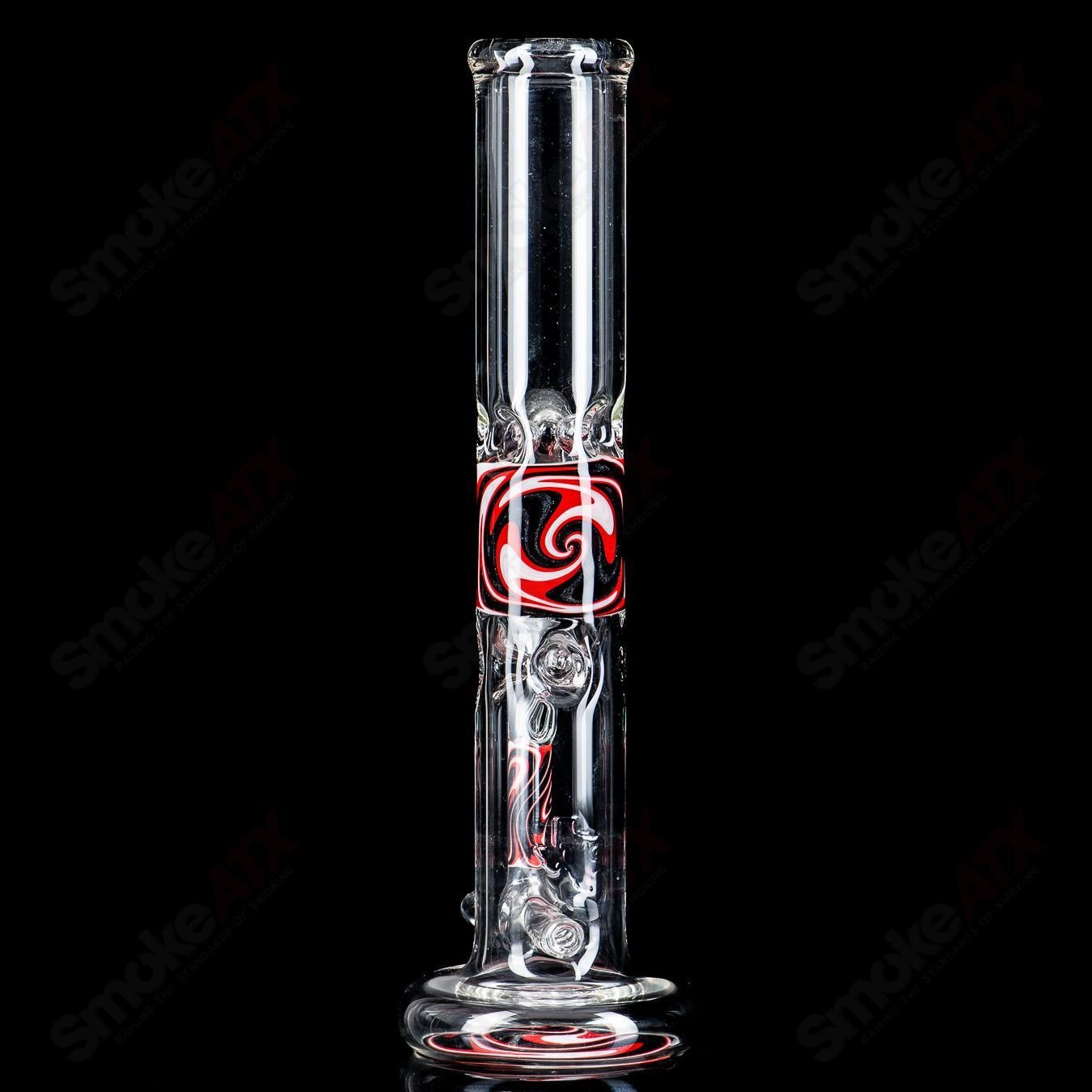 Glass Wig Wag Inline Tube waterpipe by Texas Hot Glass with colorful, intricate design and clear glass accents.