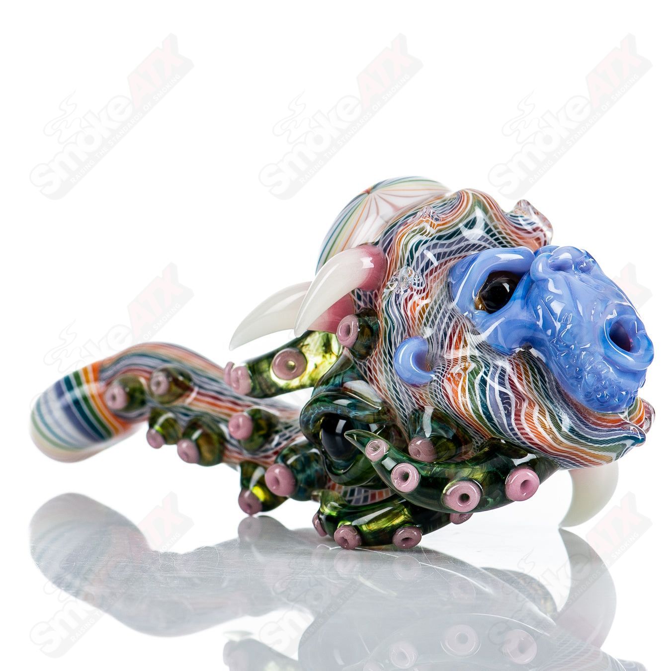 Colorful Wooklock Sherlocks heady glass pipe by Smoke ATX, featuring vibrant blue sun and future glass design.