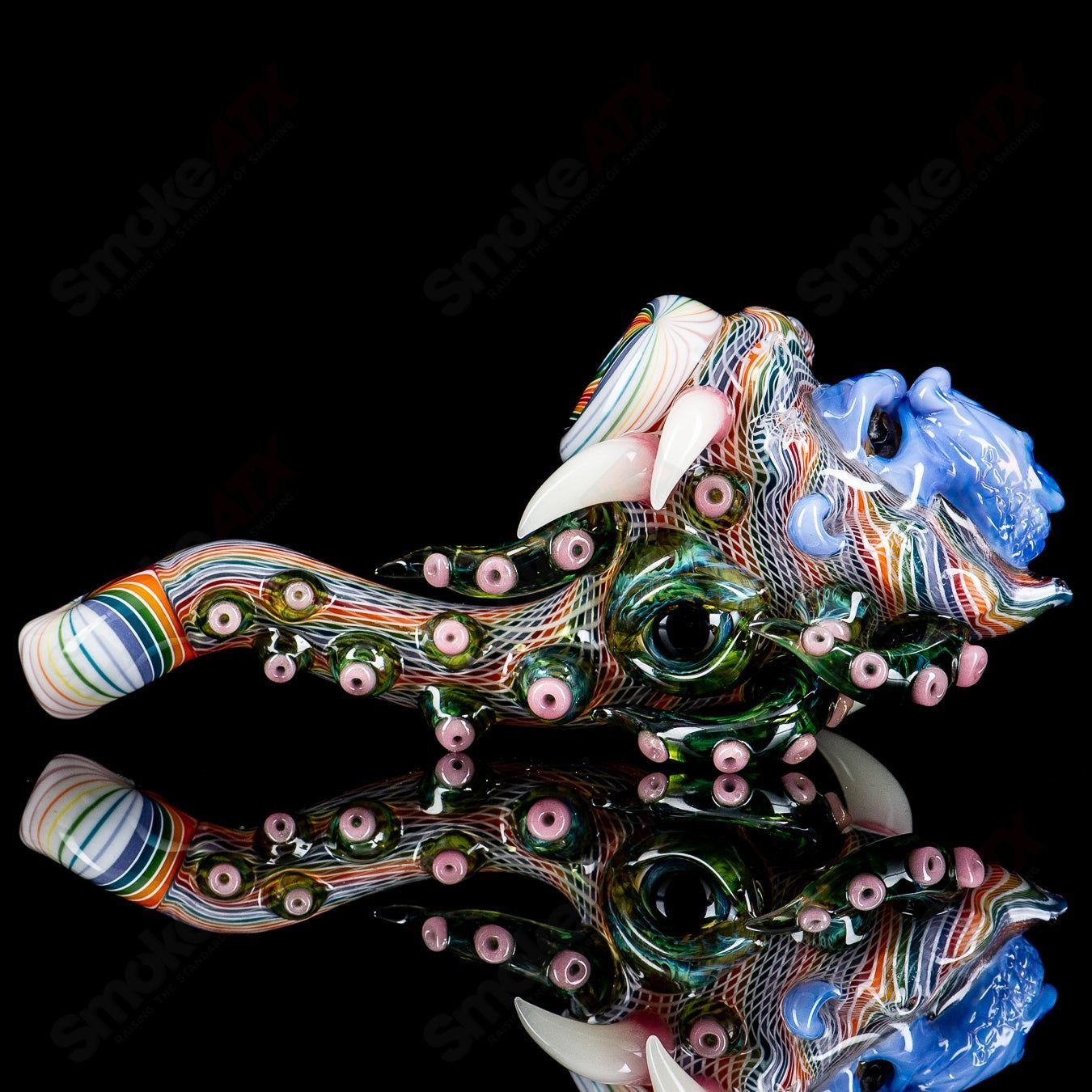 Wooklock by SALT x Blu Sun x Future Glass Heady Sherlocks glass pipe, Smoke ATX brand, featuring colorful artistic design.
