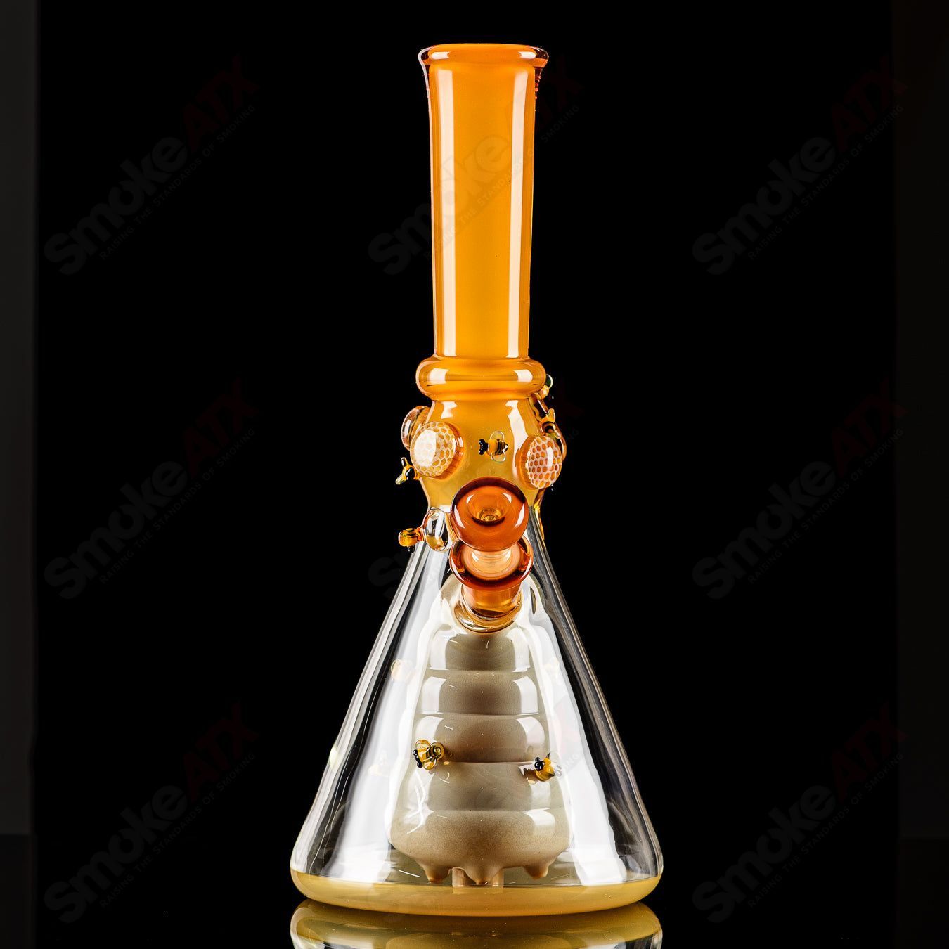 Worked Bee Hive Beaker by Joe P Glass, 2023, featuring intricate honeycomb design in heady glass beaker style.