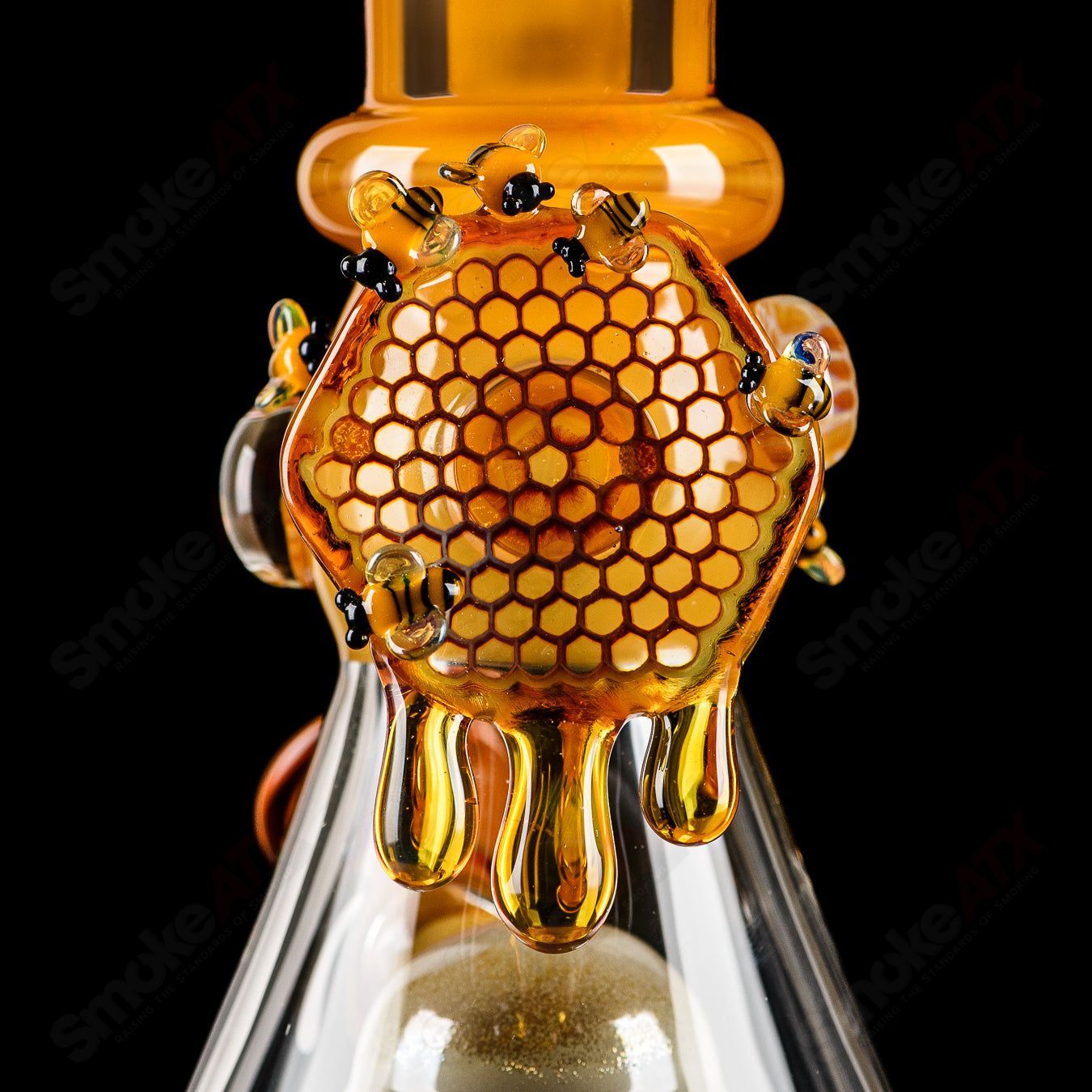 Worked Bee Hive Beaker by Joe P Glass, a colorful heady glass beaker with intricate hive patterns and a smooth glass finish.
