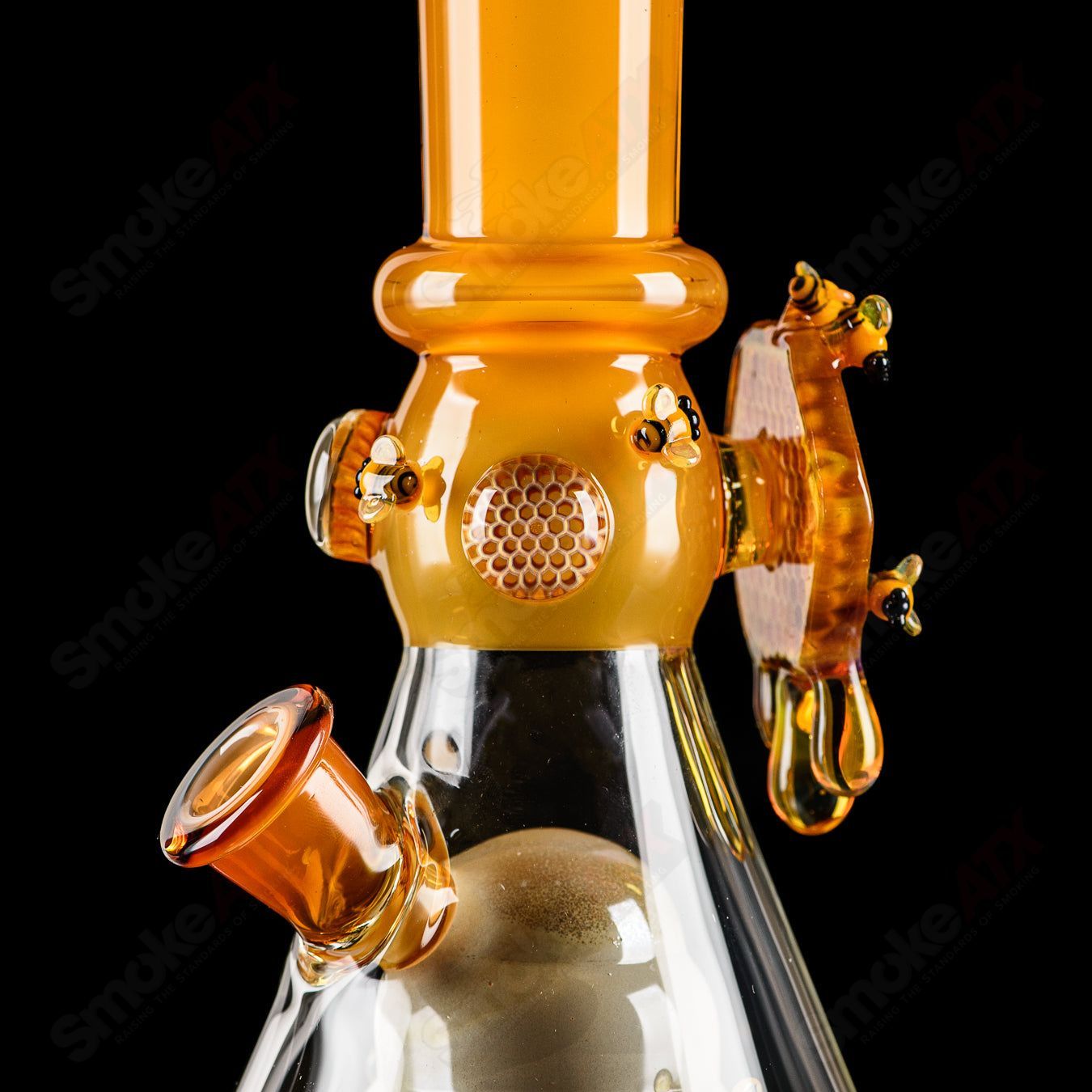 Worked Bee Hive Beaker by Joe P Glass, a colorful heady glass beaker with intricate honeycomb patterns and vibrant design.