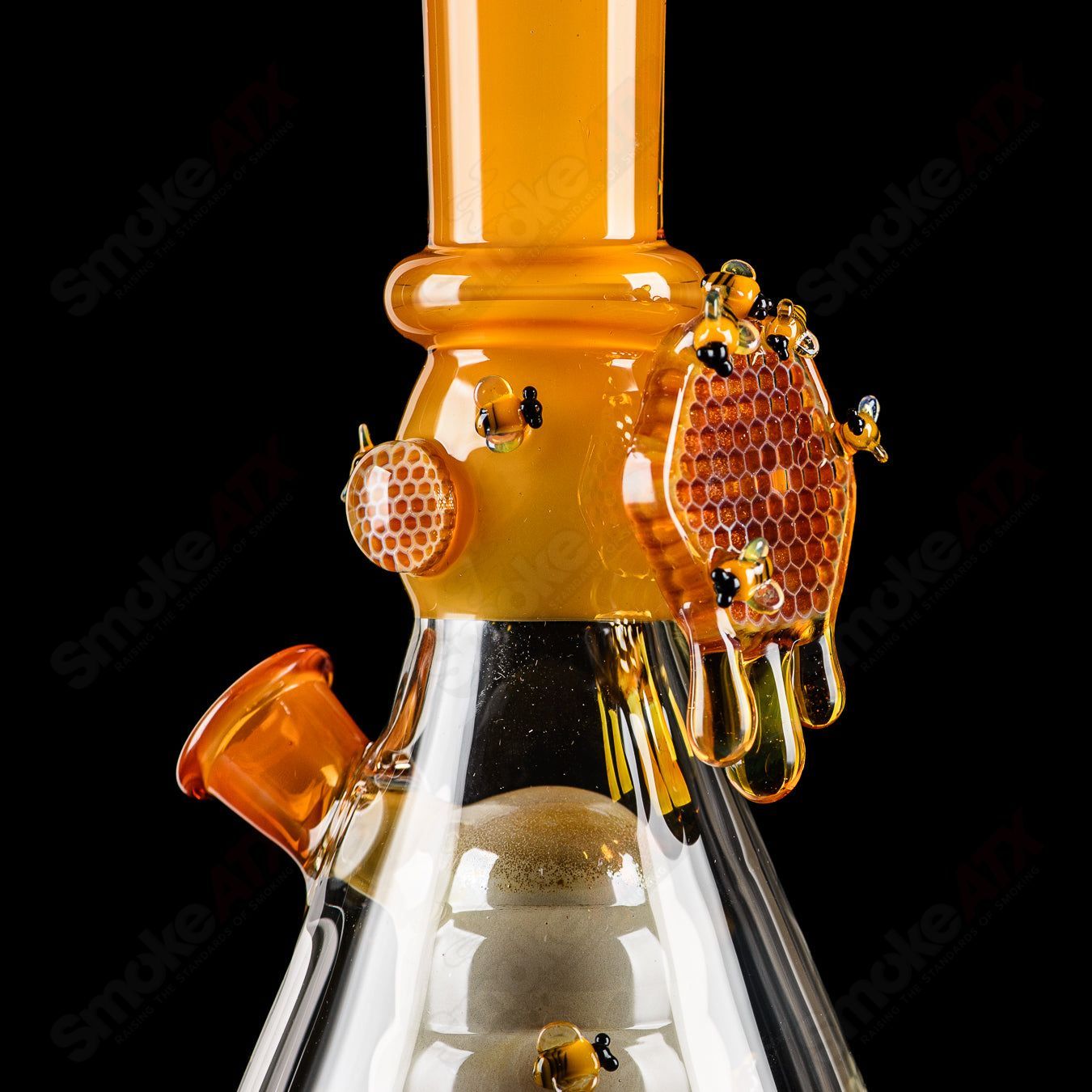 Joe P Glass worked bee hive beaker, 2023 edition, featuring intricate work and vibrant glass design in a heady glass beaker style.