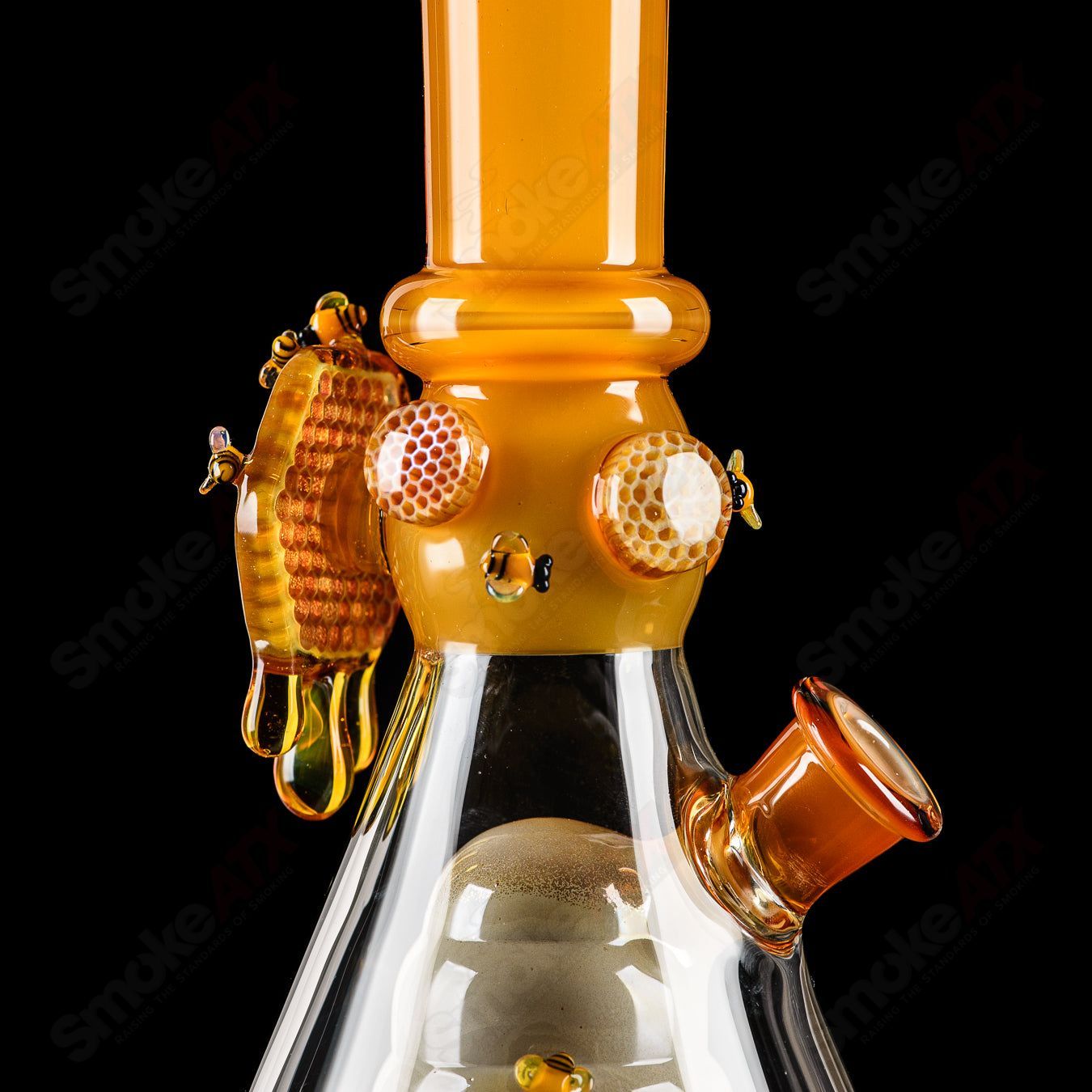 Worked Bee Hive Beaker by Joe P Glass, a colorful heady glass beaker with intricate honeycomb pattern and vibrant design.