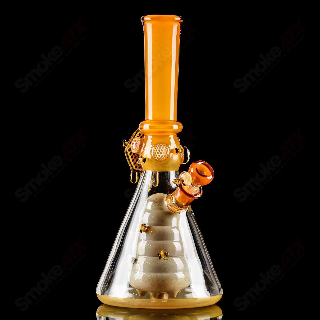 Worked Bee Hive Beaker by Joe P Glass, a colorful heady glass beaker with intricate hive pattern and vibrant design.