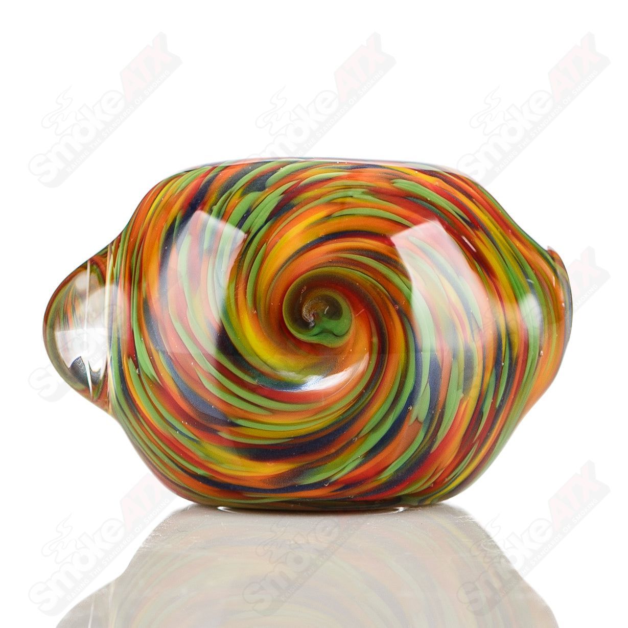 JMK Glass worked rainbow swirl signed glass spoon pipe with colorful, intricate swirl design and signature detail.