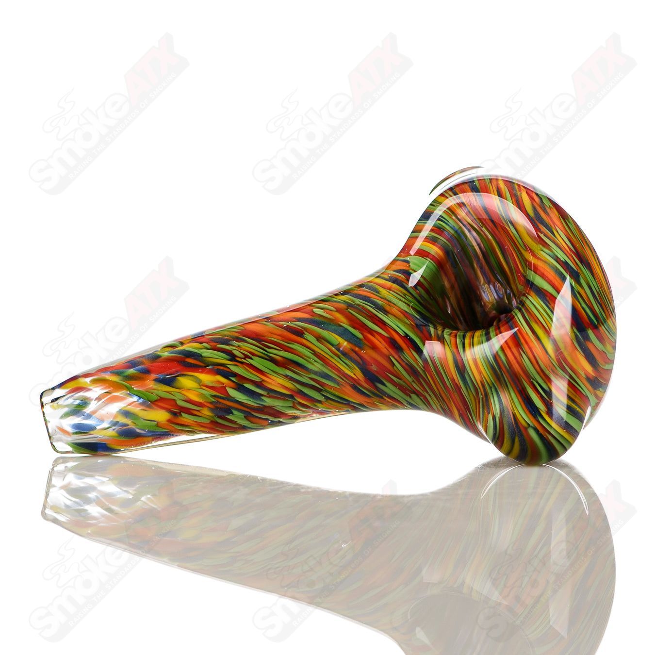 Signed JMK Glass rainbow swirl spoon pipe with colorful glass work, featuring a unique worked rainbow pattern.