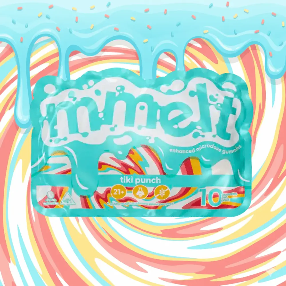 10-pack Tiki Punch Mushroom Gummies MMelt, colorful edible mushrooms in bright packaging, natural mushroom-infused edibles for wellness.