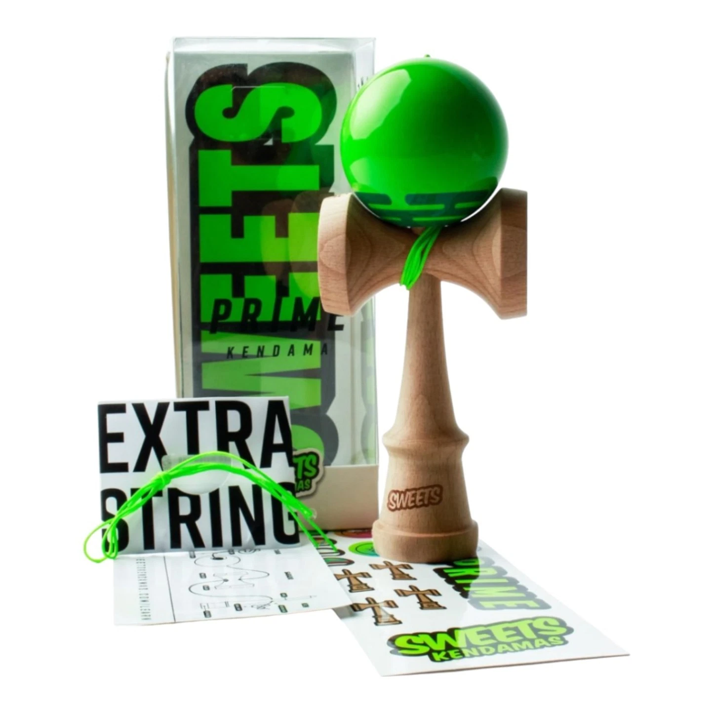 Green Prime Radar Sweets Kendama with wooden handle and ball, showcasing a stylish kendama toy for skill play and lifestyle display.