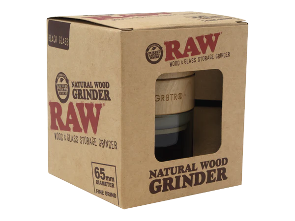 Black Glass 3pc Wood and Glass Storage Grinder RAW Natural Wood Grinder 65mm Fine Grind - Smoke ATX 