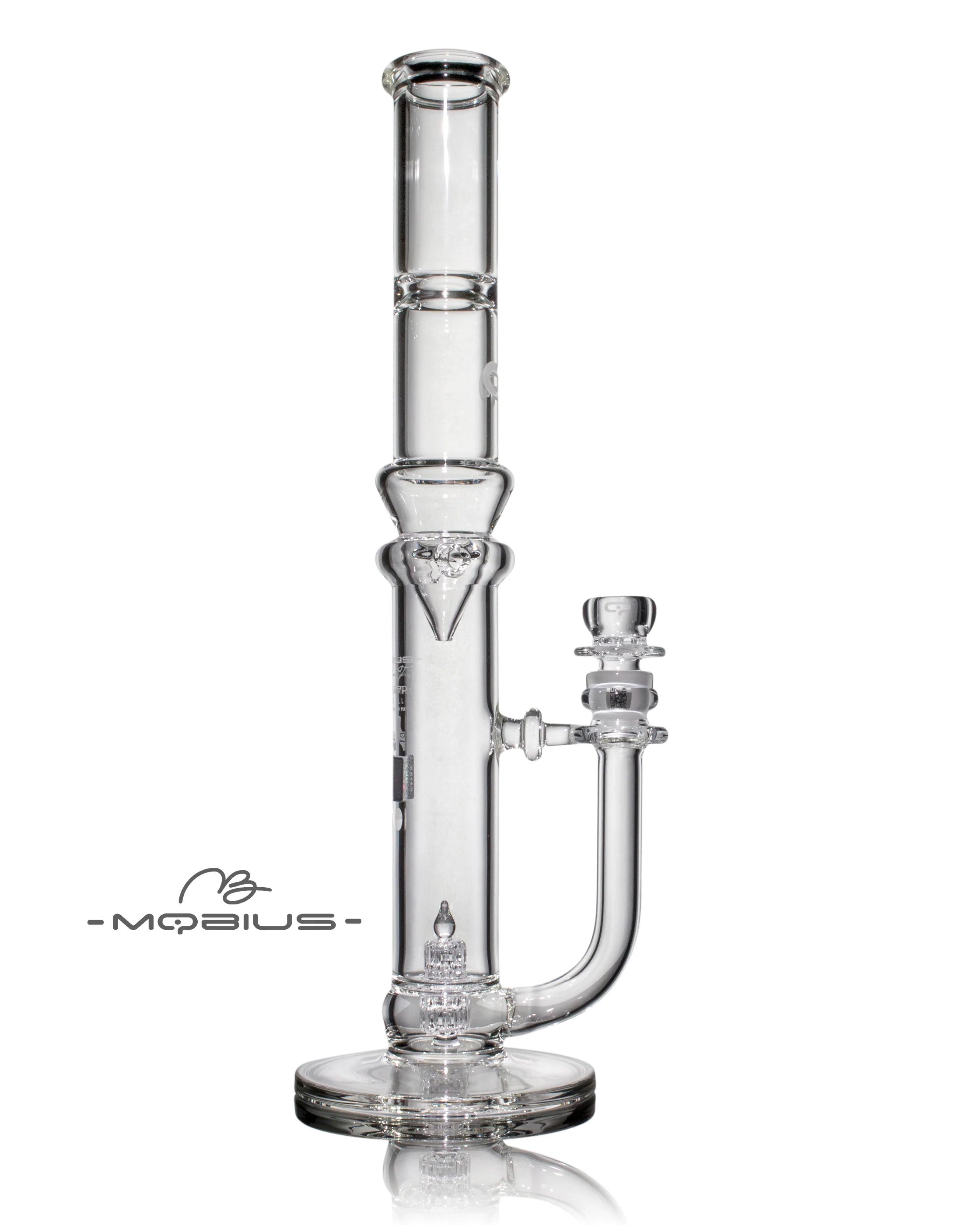 Mobius 45T Tall Stereo Matrix Splash Trap V1 glass waterpipe with clear glass design and water filtration features.