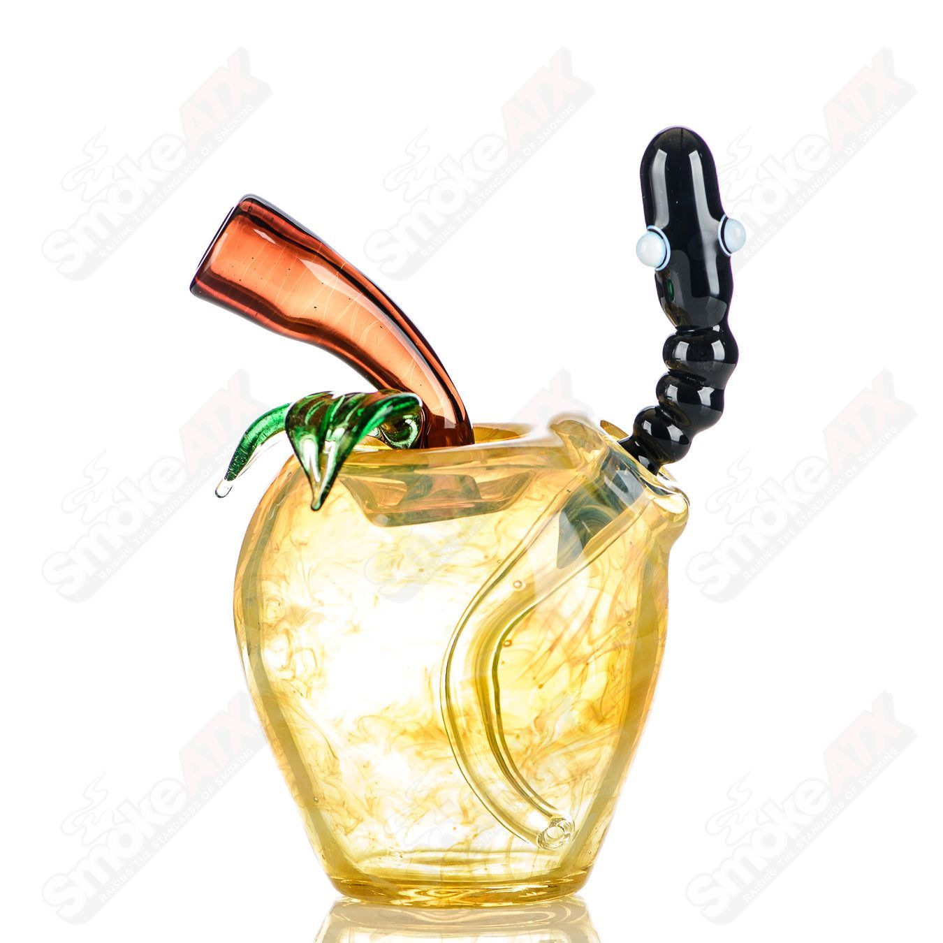 Yellow apple-shaped rig with worm dabber pouch in Pouch Glass heady concentrate rig, featuring vibrant glass design and detailed accessories.