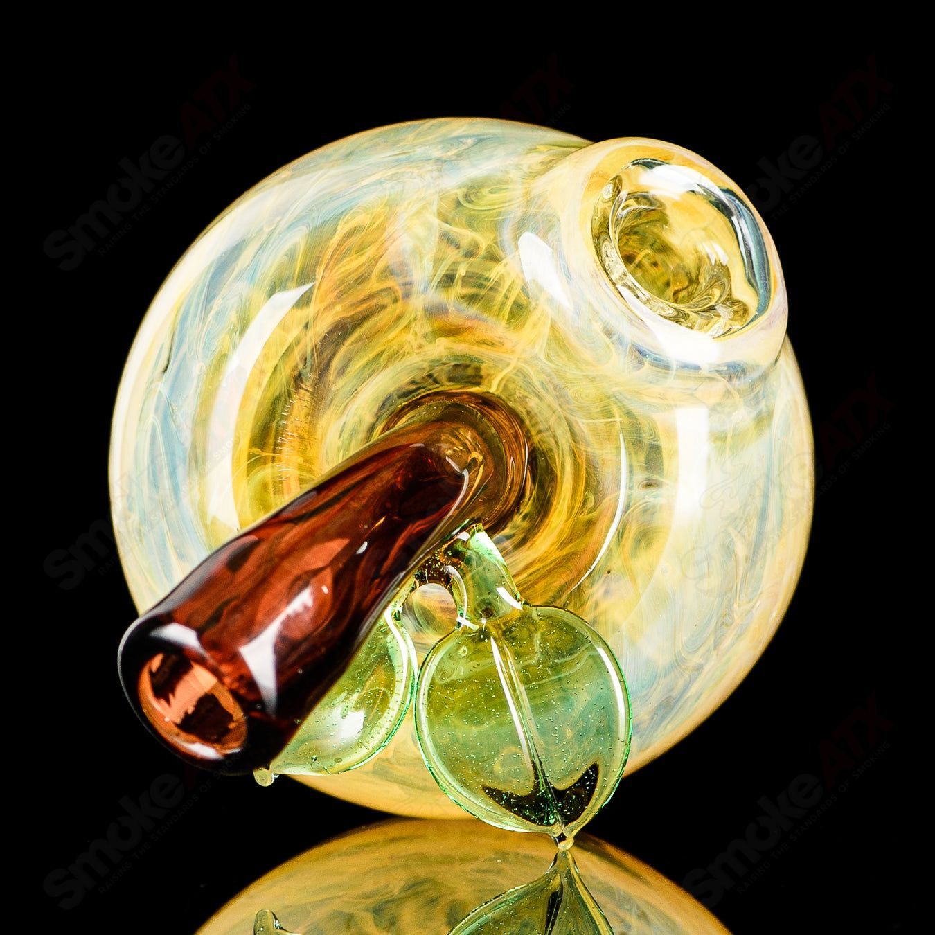 Yellow Apple Rig by Pouch Glass with worm dabber and pouch, colorful heady glass concentrate rig with detailed apple design.