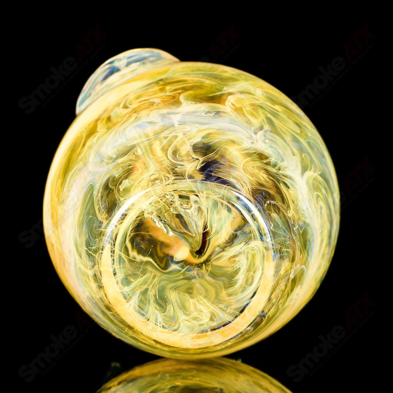 Yellow apple-shaped concentrate rig with worm-shaped dabber pouch from Pouch Glass, featuring vibrant glass design and detailed craftsmanship.