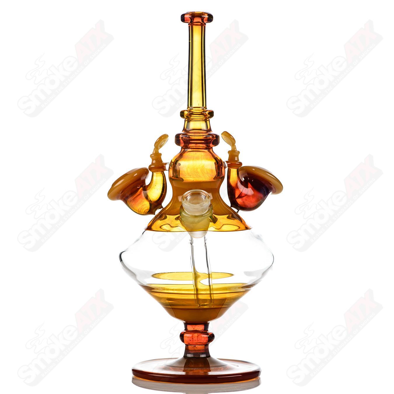 Yellow Venetian Sherlock Rig by JMass, a colorful heady glass concentrate rig with intricate details and a classic Sherlock shape.