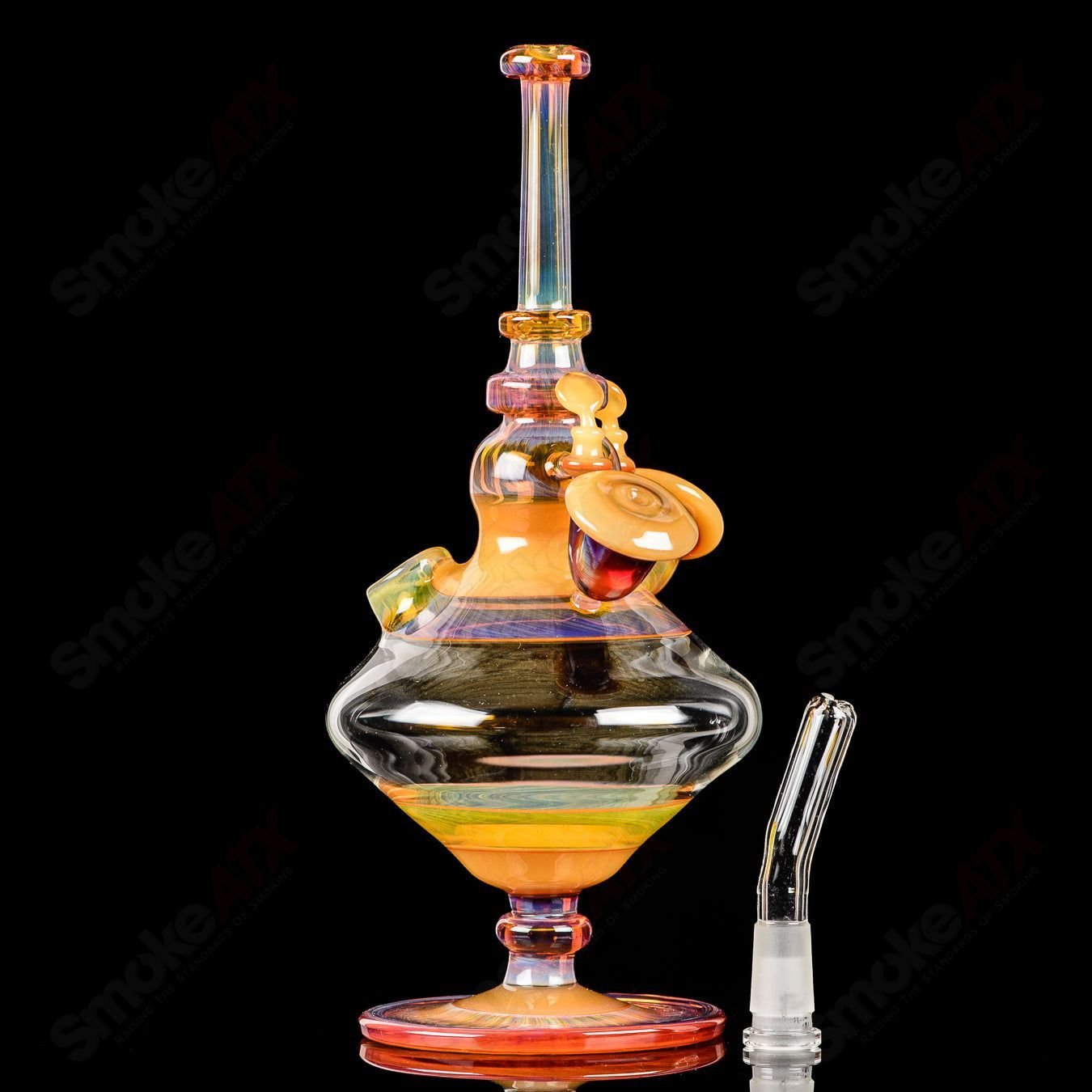 Yellow Venetian Sherlock Rig by JMass, a colorful heady glass concentrate rig with intricate designs and a classic Sherlock shape.