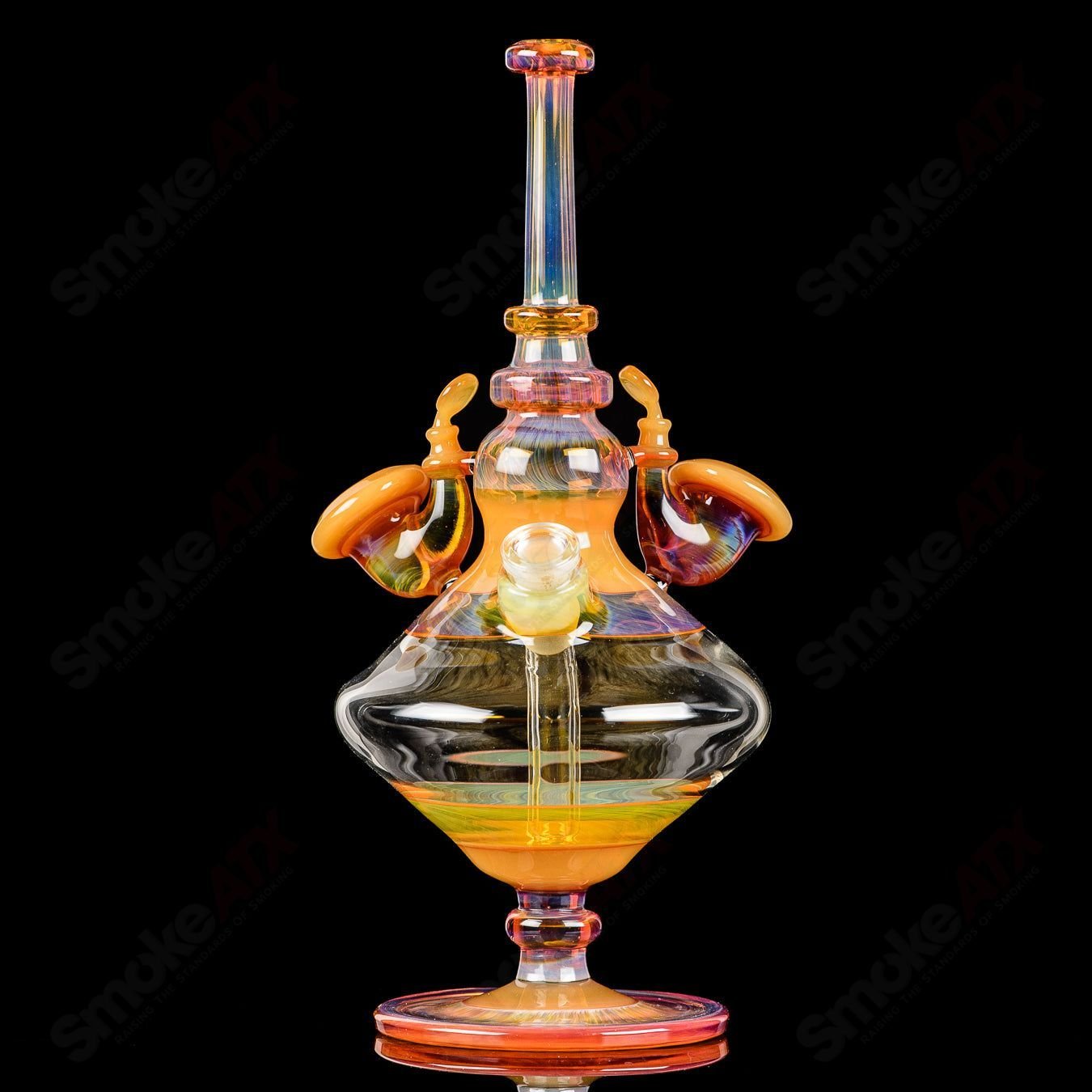 Yellow Venetian Sherlock rig by JMass, a colorful heady glass concentrate rig with intricate design and a classic Sherlock shape.
