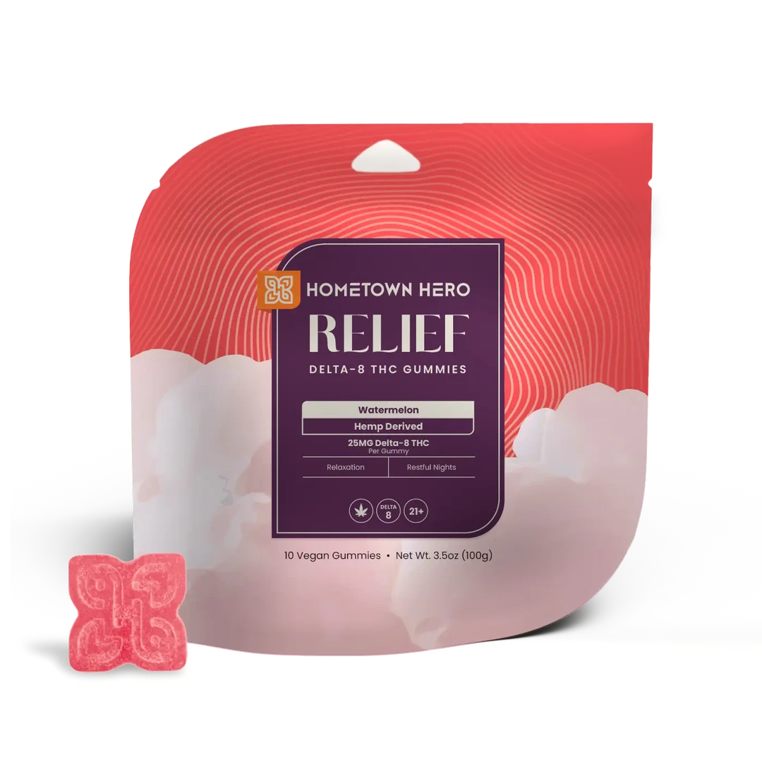 Watermelon Delta 8 Relief Gummies by Hometown Hero, hemp edibles with 250mg of Delta 8 THC on a white background.