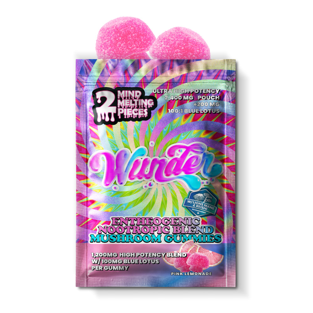 Wunder Pink Lemonade Mushroom and Blue Lotus Hemp Edibles in a clear plastic container with gummies inside.