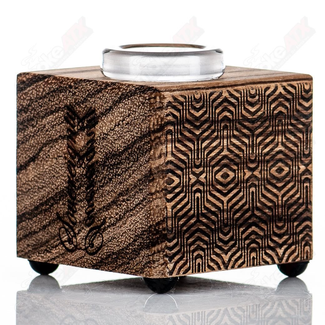 Zebrawood 1-hole slide stand with Mindseye crosshair pattern by Sovereignty Glass, designed for glass smoking accessories.