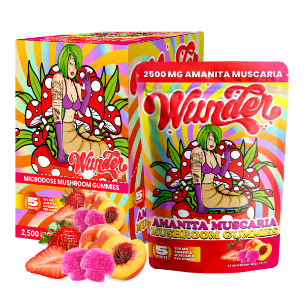 2500mg Amanita Muscaria strawberry nectarine gummies by Wunder, hemp edibles in a 5-piece pack, colorful fruit-flavored candies.