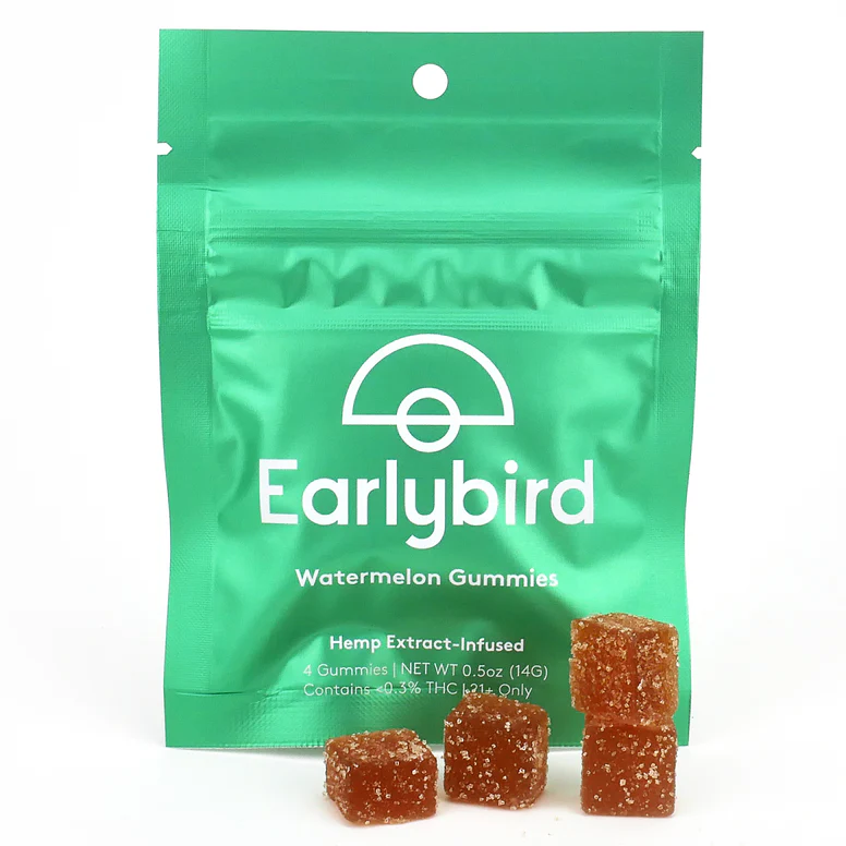 Early Bird Watermelon 4-count hemp edibles gummies, colorful fruit-flavored treats with watermelon design.