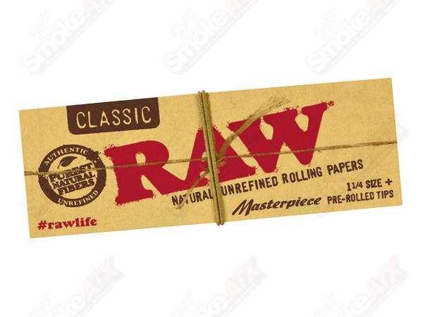 RAW Classic Masterpiece Papers Raw 1 1/4 size rolling papers for rolling cigarettes or joints, featuring natural unbleached paper.