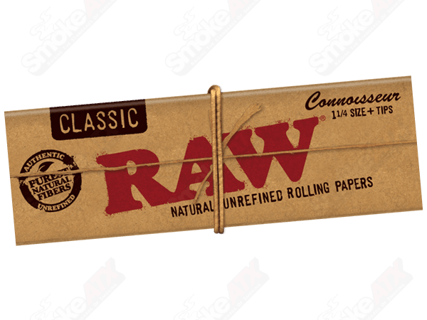 RAW Connoisseur Classic Raw 1 1/4 rolling papers, 14-pack, featuring natural unbleached hemp paper for smooth rolling.