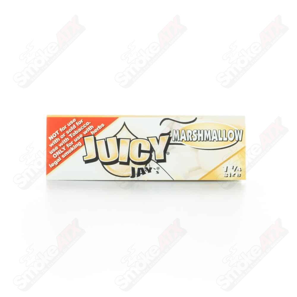 Juicy Jay's Marshmallow flavored rolling papers, 1 1/4 size, with colorful marshmallow print design for rolling cigarettes or herbs.