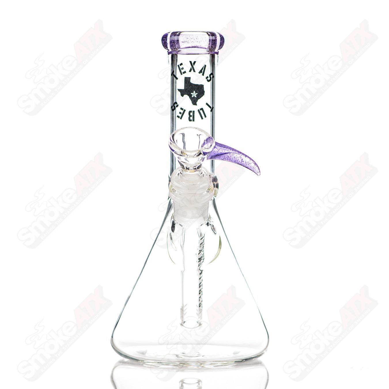 Colorful 14mm 8.5-inch glass beaker by Texas Tubes, featuring a vibrant color design and clear glass construction.