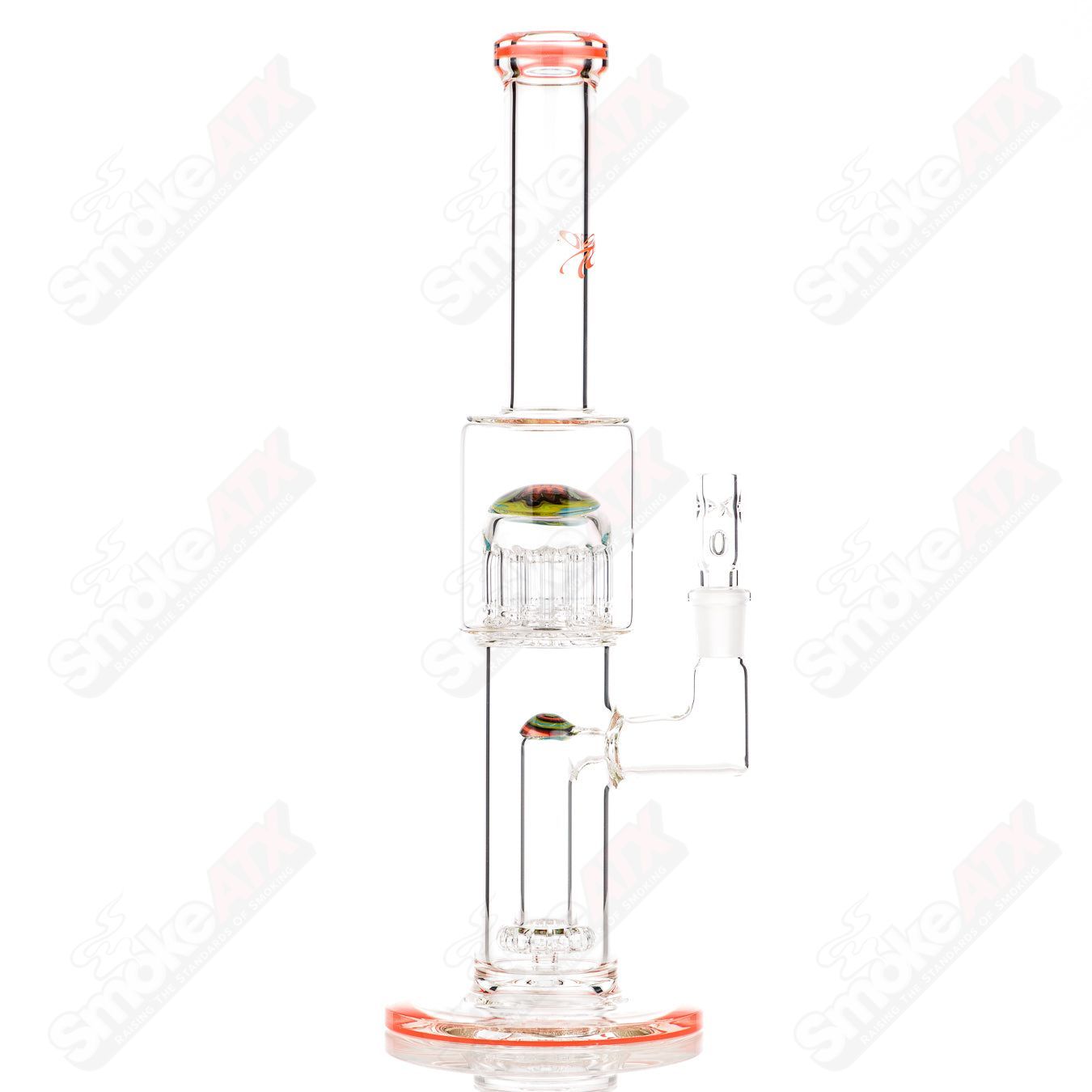 Toro 14mm mini circular to 13-arm Conturax glass straight tube with color accent and worked section, crafted by Toro.