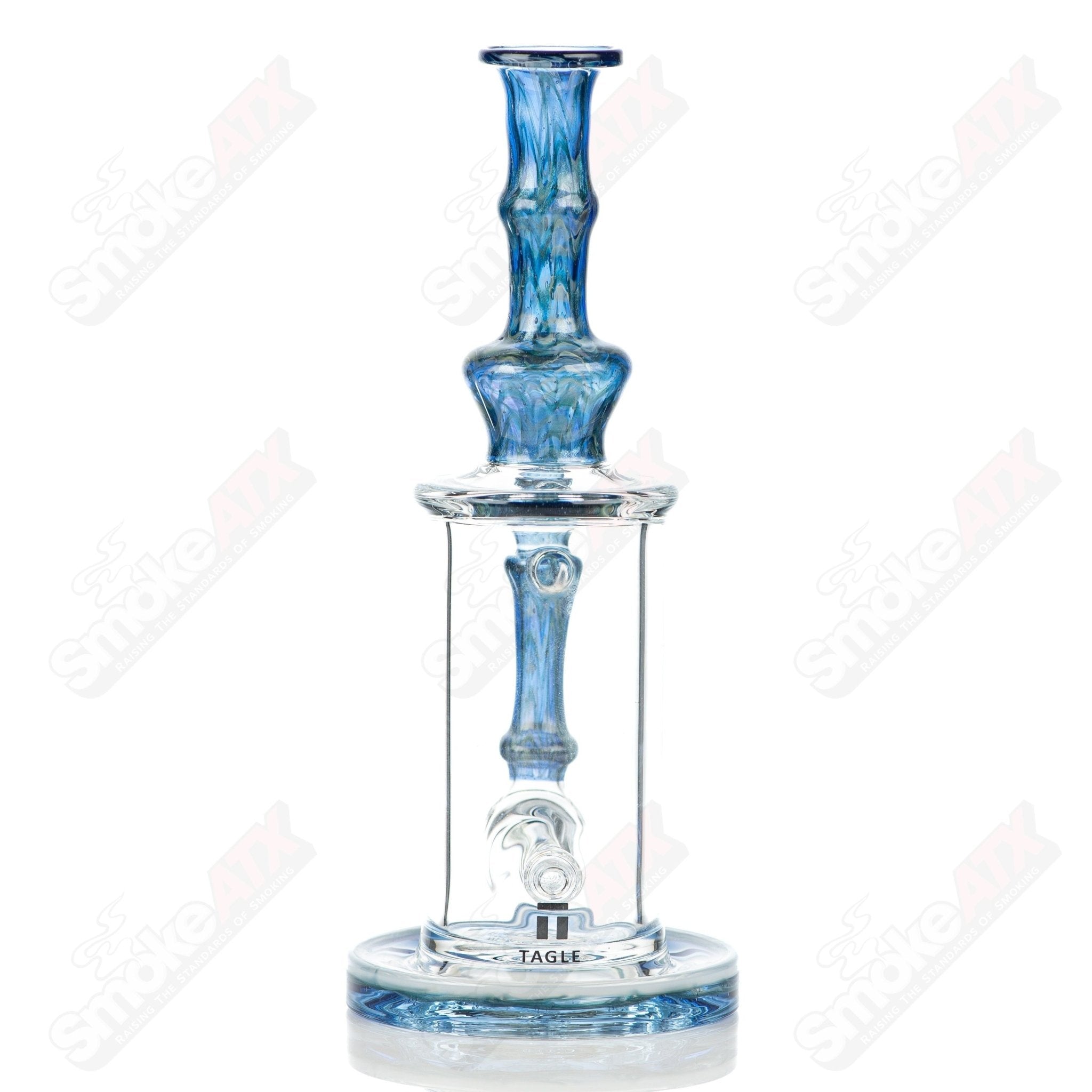Tagle Glass inline tube bubbler with 18mm and 50mm wrap n rake design, made of clear glass, showcasing intricate craftsmanship.