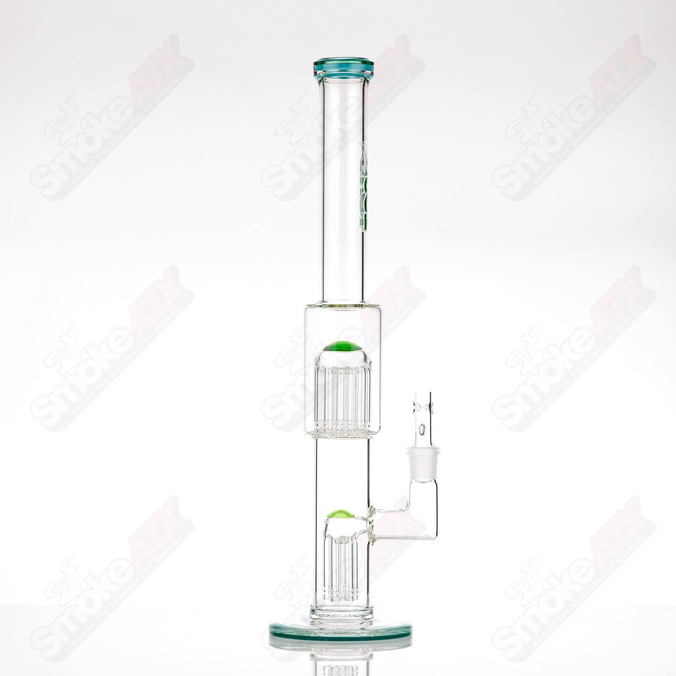 Toro 18mm 7/13 arm perc straight glass tube with colorful cap for smoking, featuring a clear straight design and percolator.