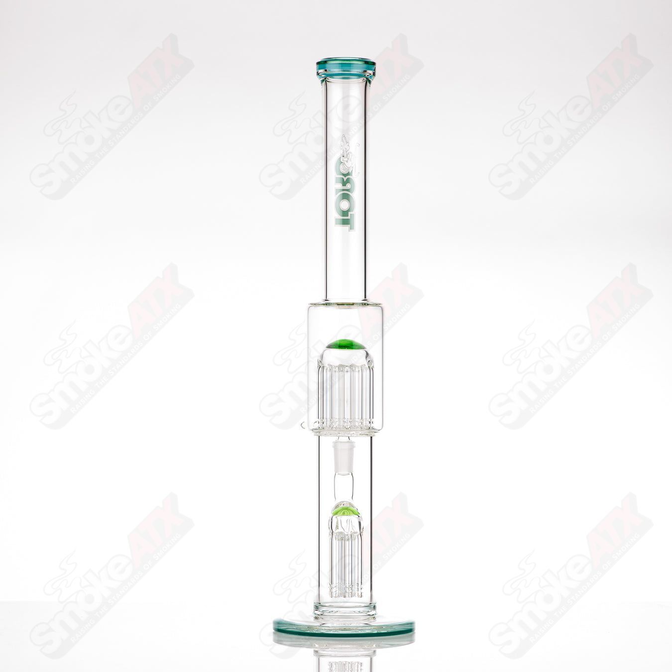 Toro 18mm 7/13 Arm Perc straight glass tube with color cap, featuring intricate percolator design and clear glass construction.