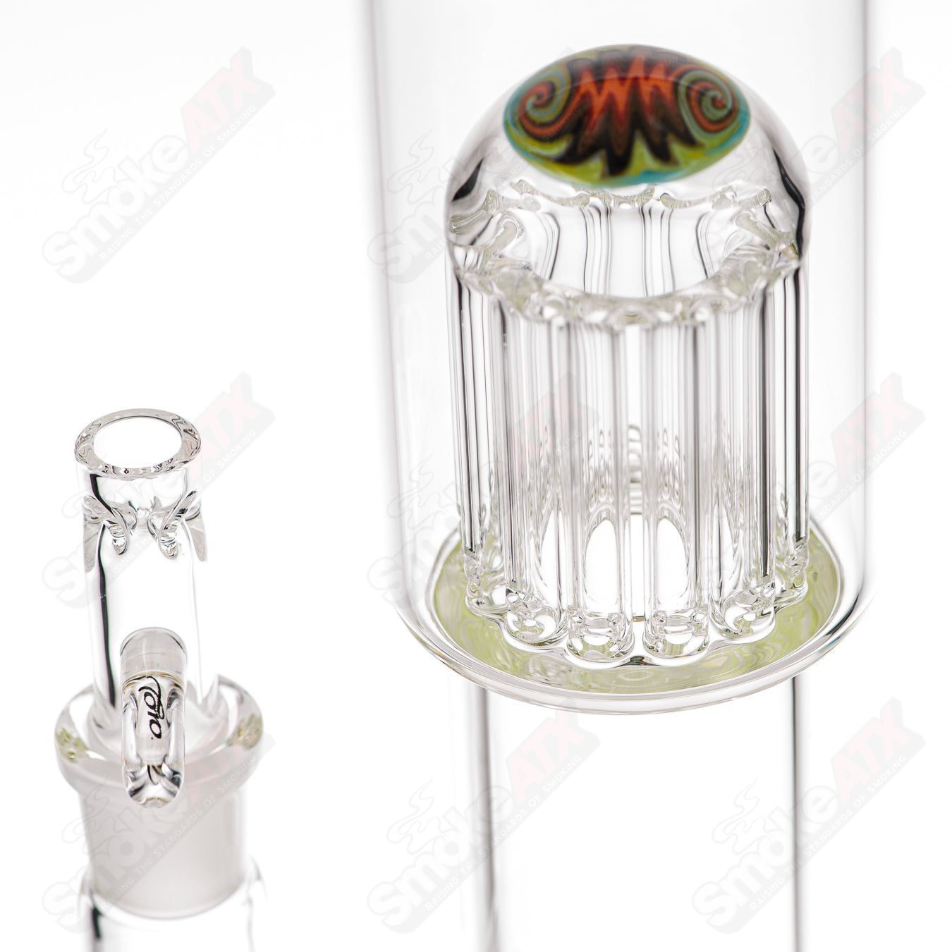 Toro 18mm 7/13 arm perc straight glass tube with worked sections, designed for smooth smoking experience.