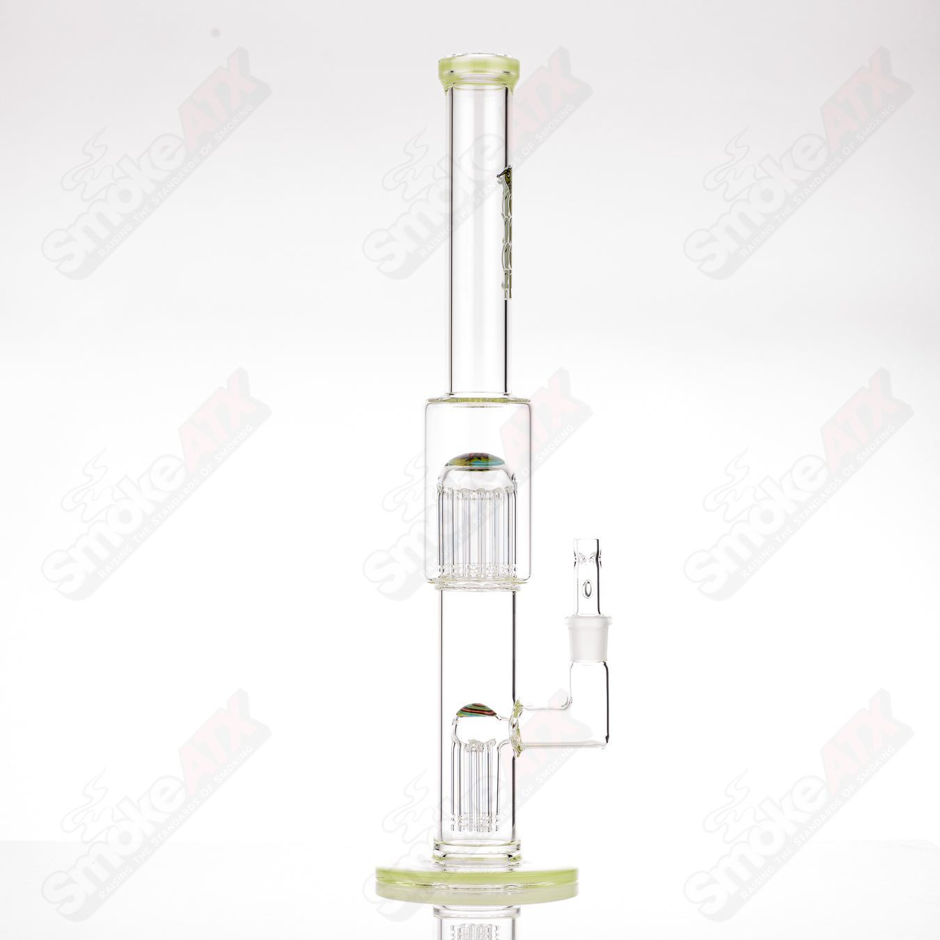 Toro 18mm 7/13 arm perc glass straight tube with worked sections, designed for smooth filtration and elegant style.