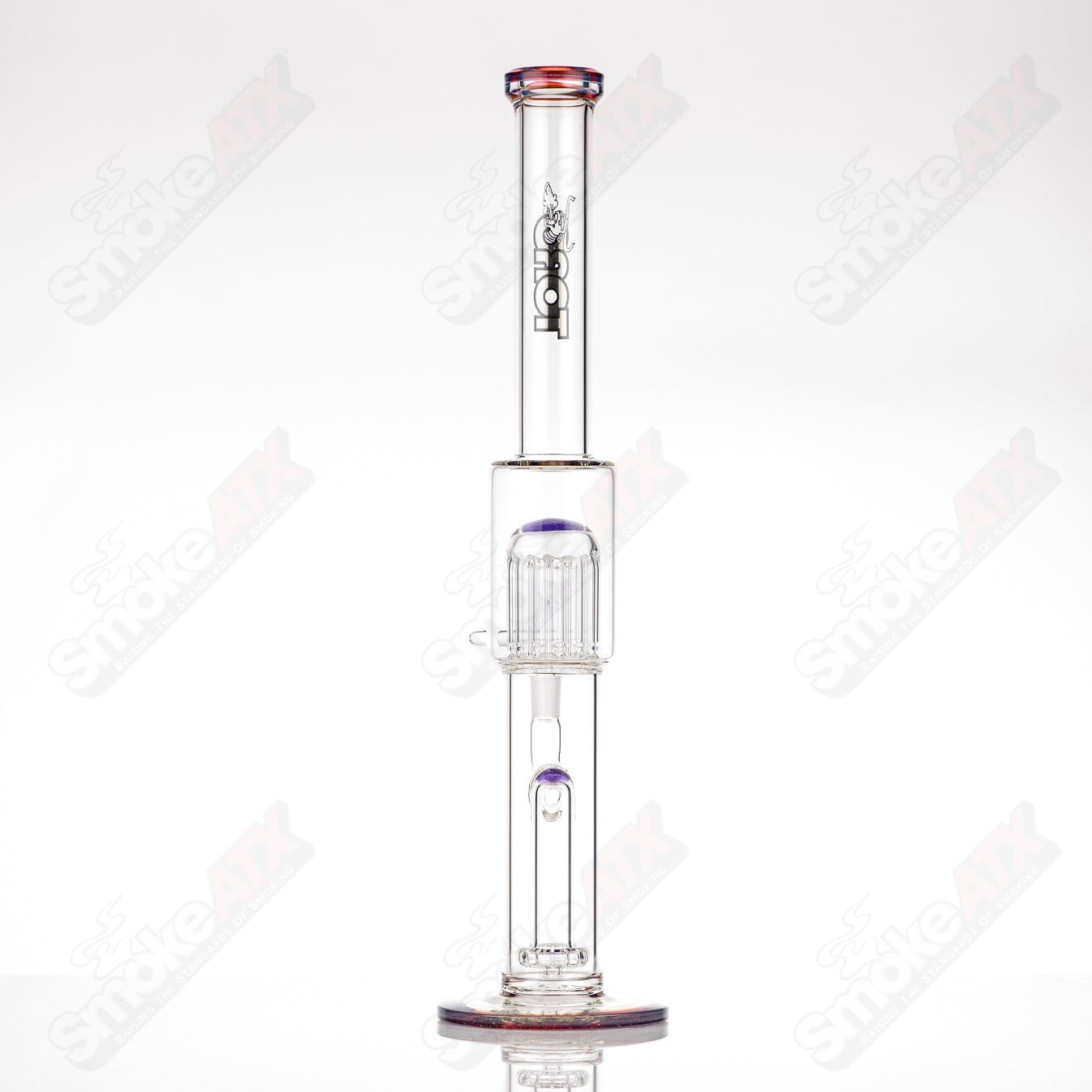 Toro 18mm circular to 13-arm perc glass straight tube with colorful foot and mouthpiece accents, designed for smooth smoking sessions.