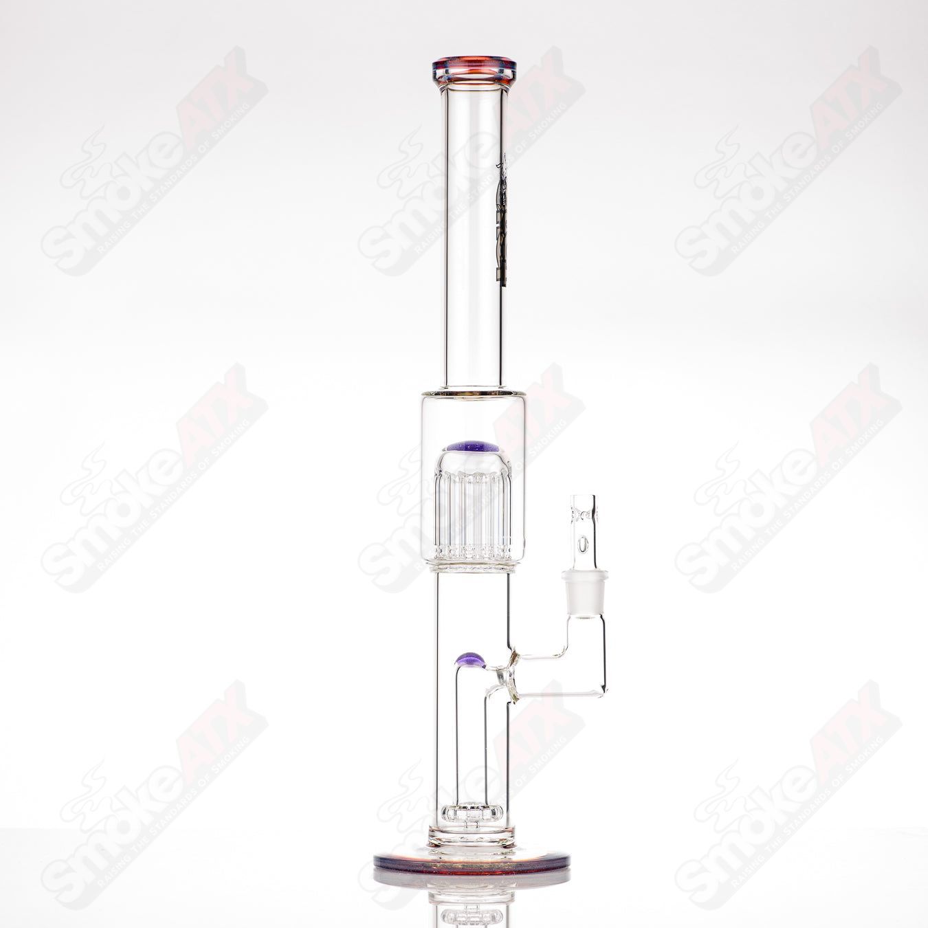 Toro glass straight tube with 18mm circular joint, 13-arm perc, colorful foot and mouthpiece accents, clear glass design