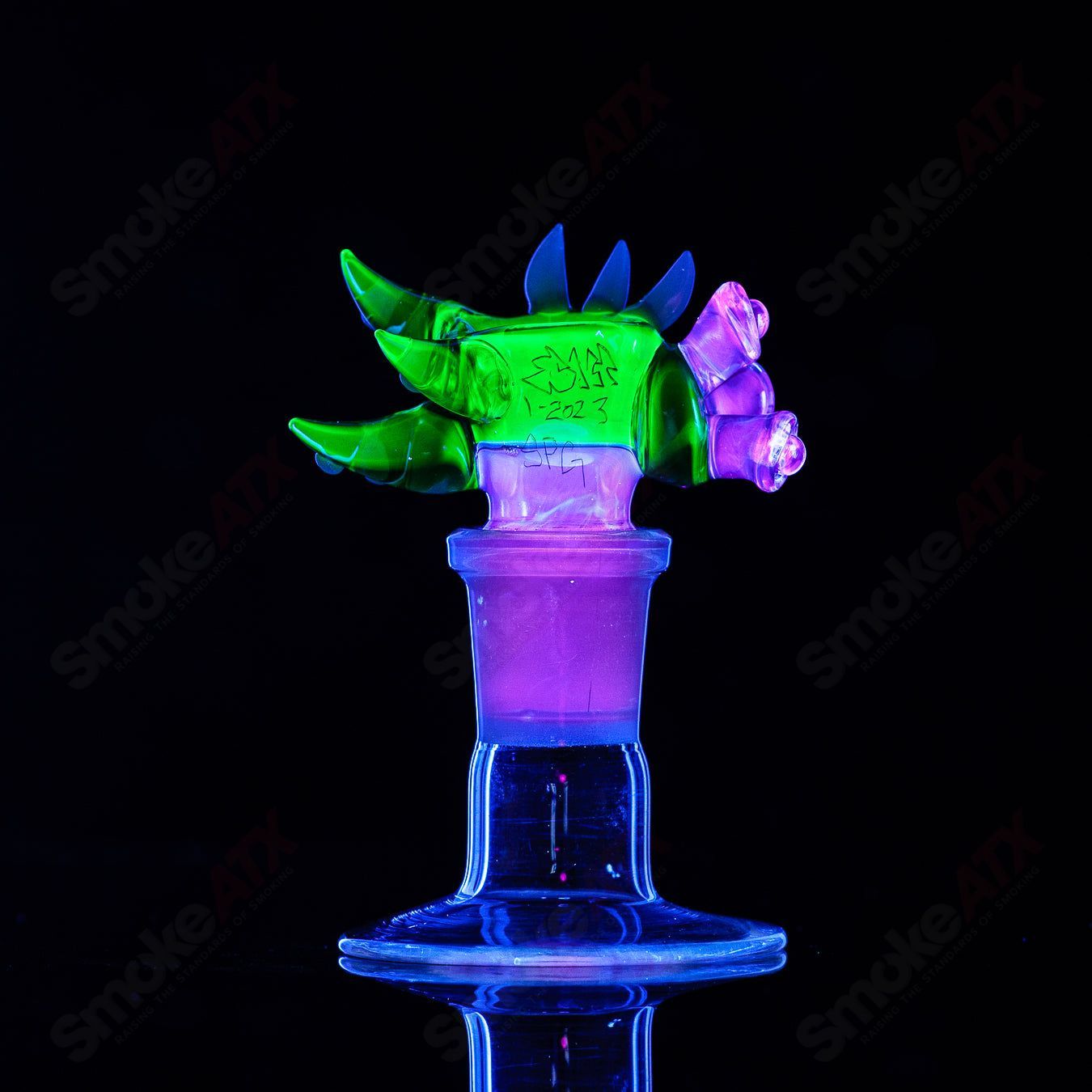 Salt Glass 19mm 3-hole UV slide bowl for Heady Glass, designed for SPG x SALT compatibility, with vibrant UV accents.